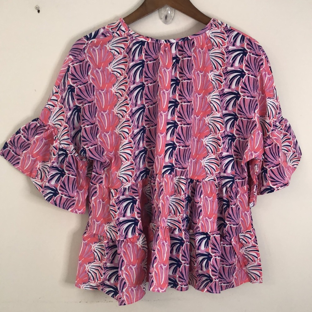 Simply Southern colorful top shell print pink blue white ruffles crop sleeves SM - Picture 2 of 9
